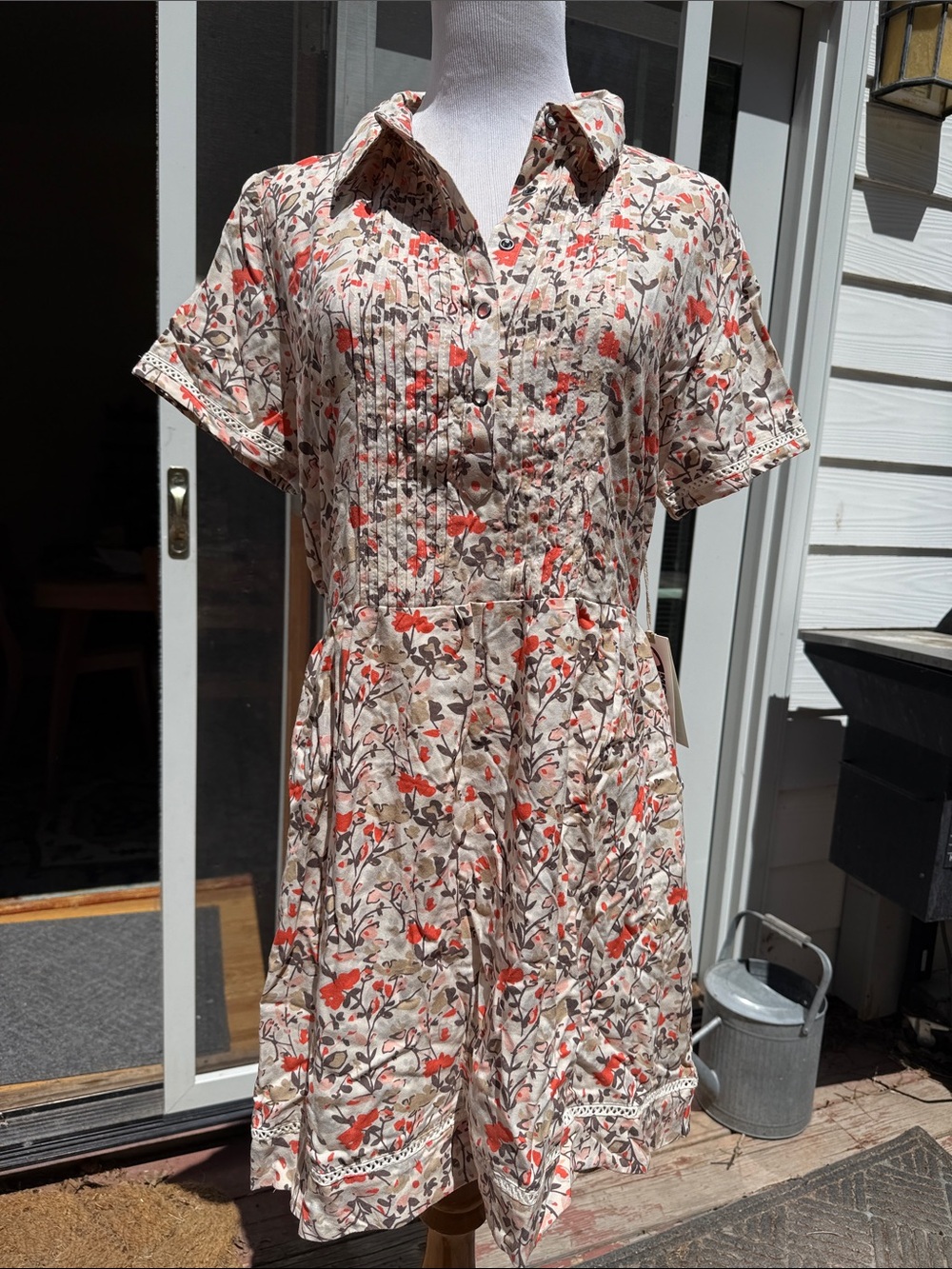 Mountain Khakis Wildflower Pintuck Dress Cream Floral L Pockets-NWT